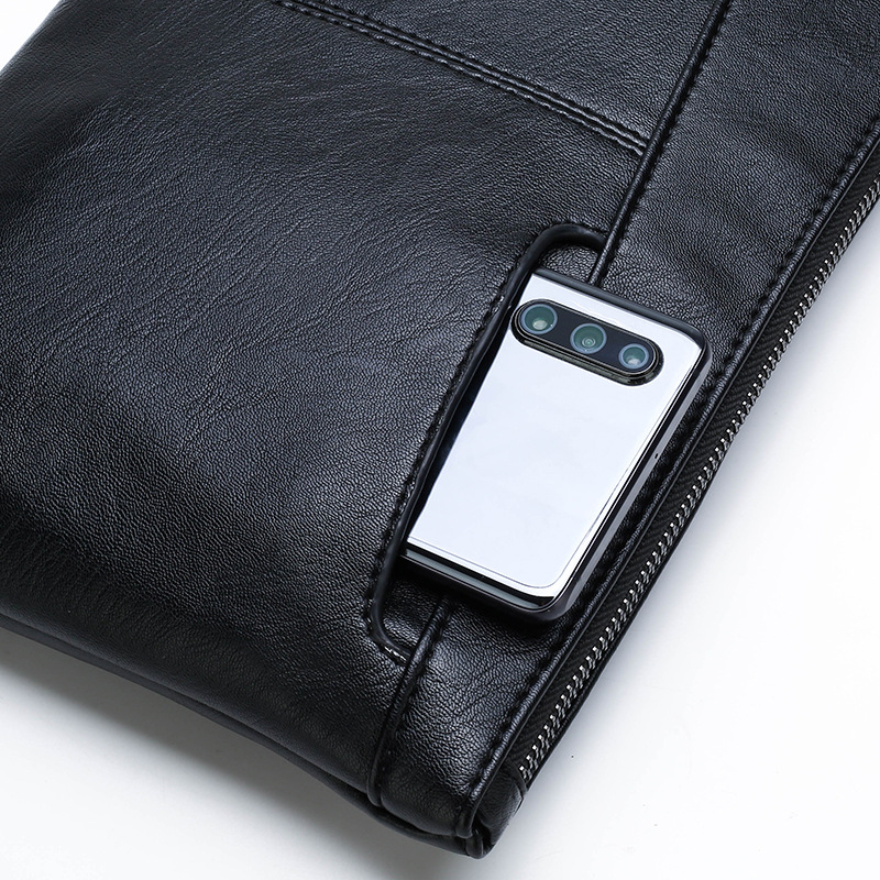 Pánska PU kožená envelope clutch so zipsom, proti krádeži, mäkký povrch, kompatibilný s 10-palcovým tabletom