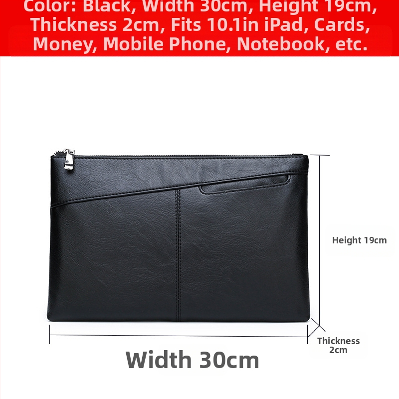 Pánska PU kožená envelope clutch so zipsom, proti krádeži, mäkký povrch, kompatibilný s 10-palcovým tabletom