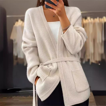 Cardigan-pulover od akrila, V-izrez, raglan rukavi, vezanje