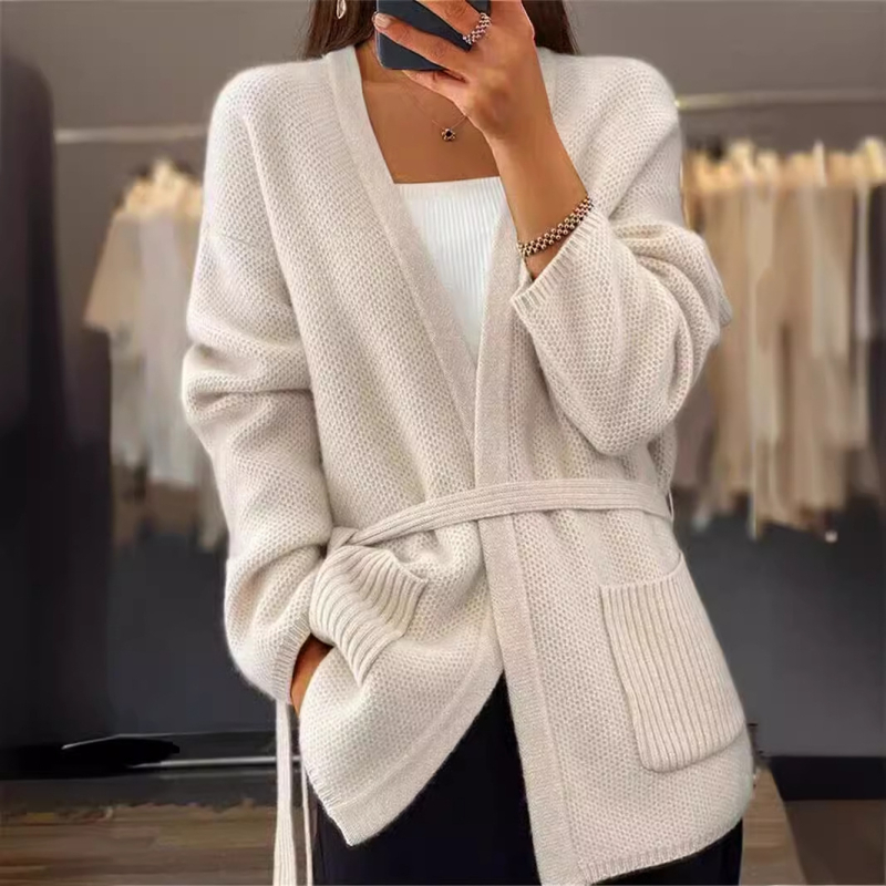 Cardigan-pulover od akrila, V-izrez, raglan rukavi, vezanje