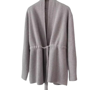 Vuneni pleteni kardigan s V-izrezom, vezanjem sprijeda, debeli materijal, dugi rukavi, srednje duljine