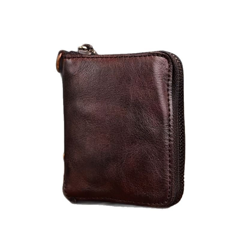 Ръчно изработен портфейл от растително дъбена кожа с цип, ретро дамски джобен стил, кожена подплата, против кражба, водоустойчив
