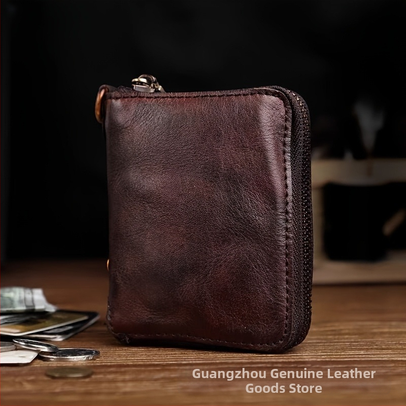 Ръчно изработен портфейл от растително дъбена кожа с цип, ретро дамски джобен стил, кожена подплата, против кражба, водоустойчив