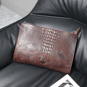 Ανδρική clutch τσάντα – Corduroy ύφασμα, λεοπάρ σχέδιο, επένδυση από δέρμα κροκοδειλιού, για επιχειρηματικά ταξίδια.