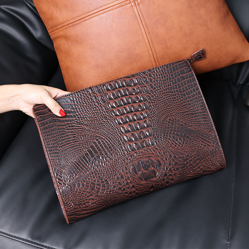 Vyrų klutch krepšys – corduroy audinys, leopardų raštas, krokodilo odos įdaila, verslo kelionėms.