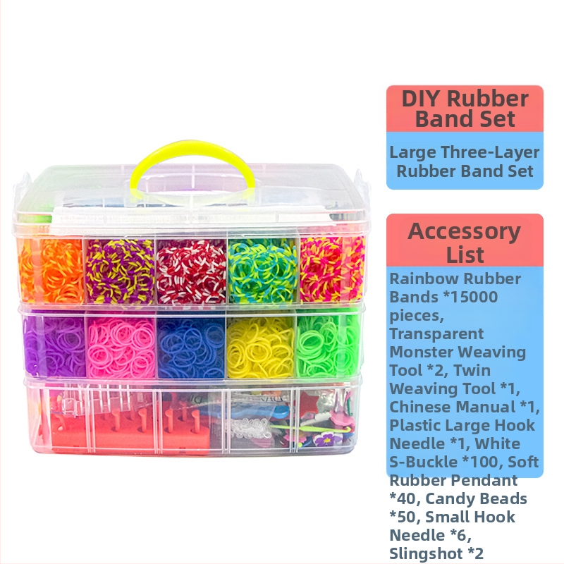 Πλεκτό παιχνίδι από λαστιχάκια — Μεγάλο τριών επιπέδων, 15000 λαστιχάκια; Υλικό: TPR; Κατάλληλο για ηλικίες 7–14; Ανάπτυξη όρασης, διανοητικής ανάπτυξης και συντονισμού χεριού-ματιού.