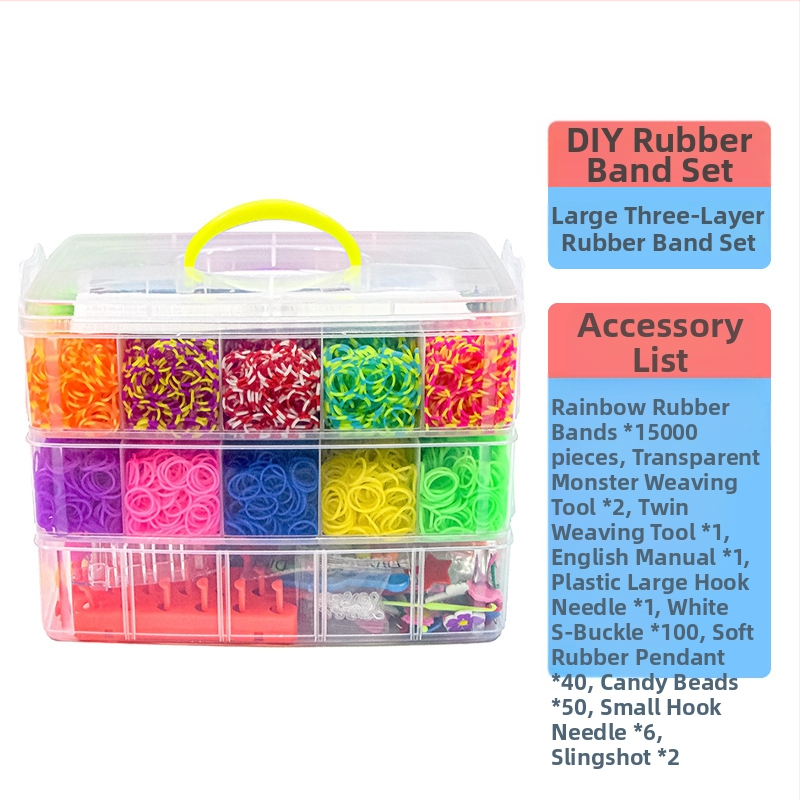 Πλεκτό παιχνίδι από λαστιχάκια — Μεγάλο τριών επιπέδων, 15000 λαστιχάκια; Υλικό: TPR; Κατάλληλο για ηλικίες 7–14; Ανάπτυξη όρασης, διανοητικής ανάπτυξης και συντονισμού χεριού-ματιού.