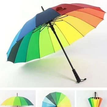 Umbrelă promoțională cu 16 arce, deschidere și închidere manuale, țesătură din material 190T cu acoperire vinil, tijă din fier, mâner din plastic, posibilitatea imprimării logo-ului