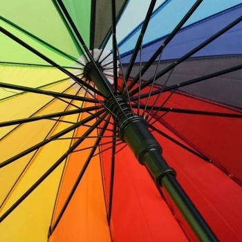 Umbrelă promoțională cu 16 arce, deschidere și închidere manuale, țesătură din material 190T cu acoperire vinil, tijă din fier, mâner din plastic, posibilitatea imprimării logo-ului
