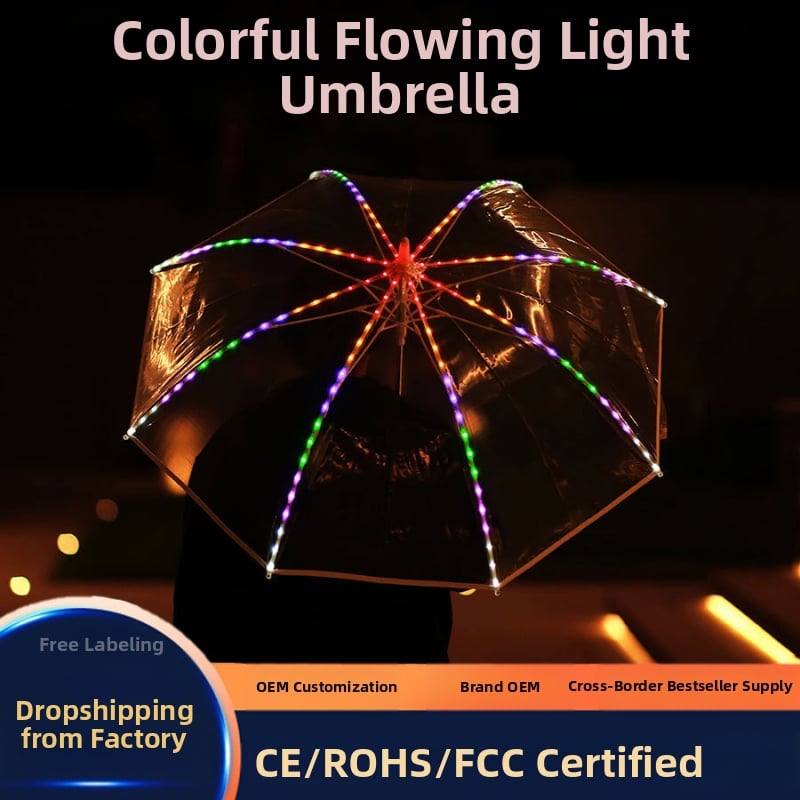 LED чадър с ефект воден поток и цветни фойерверки, стоманена рамка, 190T Impact плат, дълга дръжка, стил Хипи