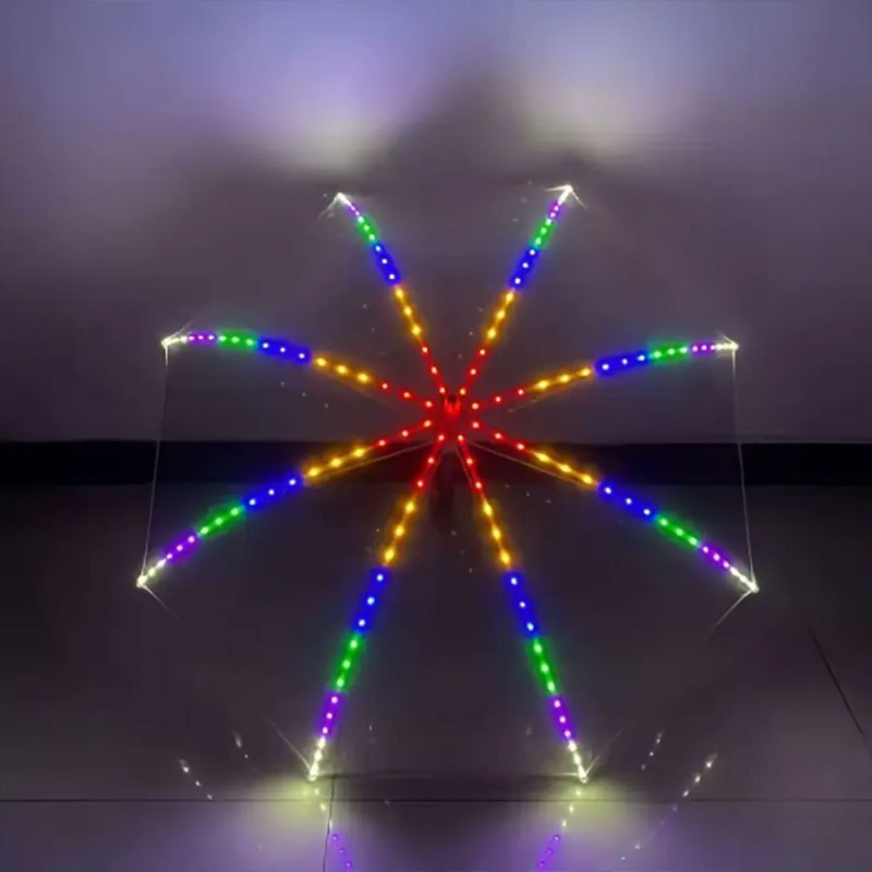 LED kišobran s efektom vatrometa i svjetlećim tokom boja, čelični okvir, 190T platno, duga drška, hippie stil