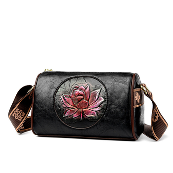 Ženska crossbody torbica s motivom lotosa, PU koža, horizontalno kvadratnog oblika, zatvarač, unutarnji džep za ID karticu