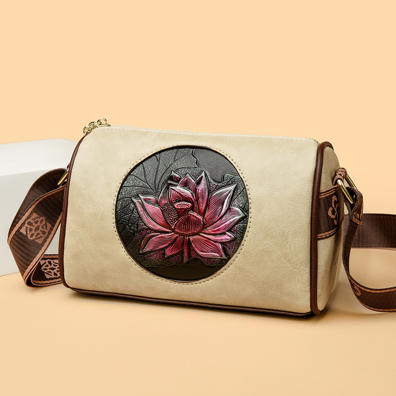 Ženska crossbody torbica s motivom lotosa, PU koža, horizontalno kvadratnog oblika, zatvarač, unutarnji džep za ID karticu