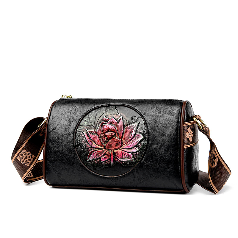 Ženska crossbody torbica s motivom lotosa, PU koža, horizontalno kvadratnog oblika, zatvarač, unutarnji džep za ID karticu