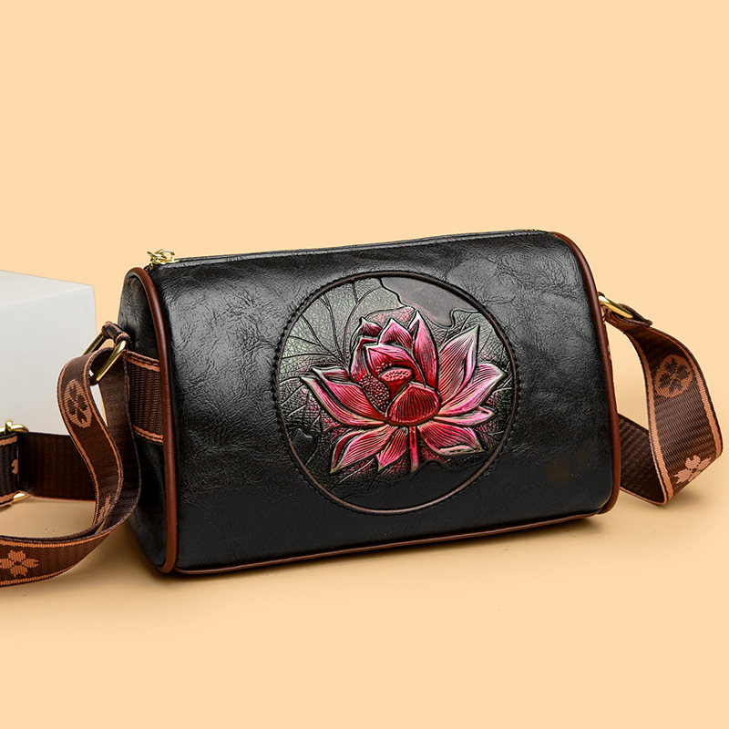 Ženska crossbody torbica s motivom lotosa, PU koža, horizontalno kvadratnog oblika, zatvarač, unutarnji džep za ID karticu