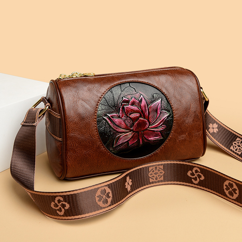 Ženska crossbody torbica s motivom lotosa, PU koža, horizontalno kvadratnog oblika, zatvarač, unutarnji džep za ID karticu