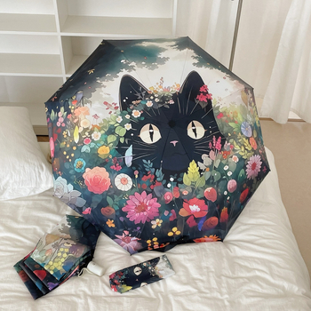 Katinės animacijos dizaino sulankstomas skėtis | automatinis atidarymas | UPF 50+ | 190T audinys | pluošto rėmas