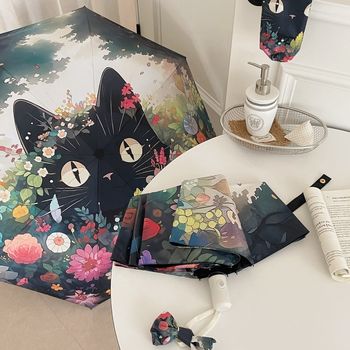 Katinės animacijos dizaino sulankstomas skėtis | automatinis atidarymas | UPF 50+ | 190T audinys | pluošto rėmas