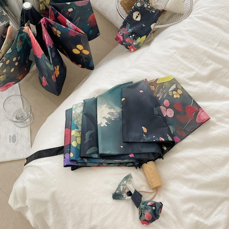 Katinės animacijos dizaino sulankstomas skėtis | automatinis atidarymas | UPF 50+ | 190T audinys | pluošto rėmas