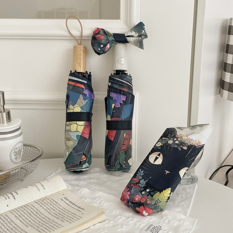 Katinės animacijos dizaino sulankstomas skėtis | automatinis atidarymas | UPF 50+ | 190T audinys | pluošto rėmas