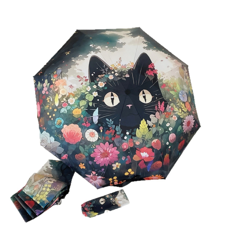 Katinės animacijos dizaino sulankstomas skėtis | automatinis atidarymas | UPF 50+ | 190T audinys | pluošto rėmas