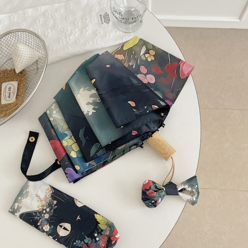 Katinės animacijos dizaino sulankstomas skėtis | automatinis atidarymas | UPF 50+ | 190T audinys | pluošto rėmas