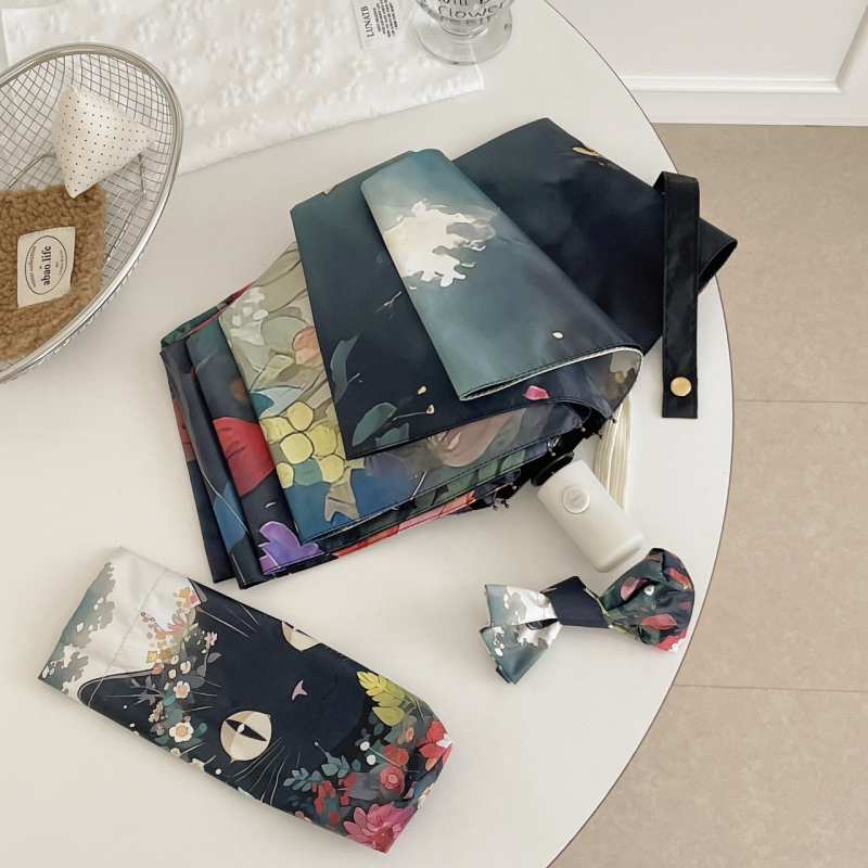 Katinės animacijos dizaino sulankstomas skėtis | automatinis atidarymas | UPF 50+ | 190T audinys | pluošto rėmas