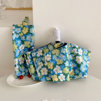 Gėlių rašto sulankstomas skėtis, visiškai automatizuotas, vinilinės medžiagos audinys 190T, UV PA+++ apsauga, pluošto skersiniai, geležies strypas, plastikinė rankenėlė