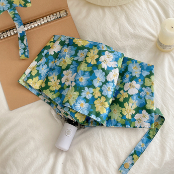 Gėlių rašto sulankstomas skėtis, visiškai automatizuotas, vinilinės medžiagos audinys 190T, UV PA+++ apsauga, pluošto skersiniai, geležies strypas, plastikinė rankenėlė