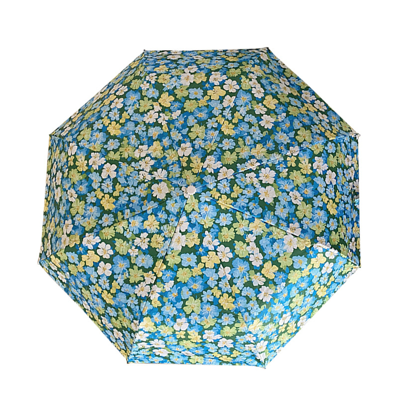 Gėlių rašto sulankstomas skėtis, visiškai automatizuotas, vinilinės medžiagos audinys 190T, UV PA+++ apsauga, pluošto skersiniai, geležies strypas, plastikinė rankenėlė