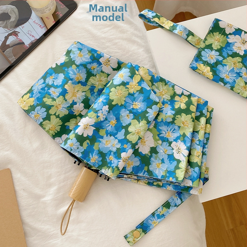 Gėlių rašto sulankstomas skėtis, visiškai automatizuotas, vinilinės medžiagos audinys 190T, UV PA+++ apsauga, pluošto skersiniai, geležies strypas, plastikinė rankenėlė