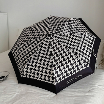 Houndstooth rašto skėtis, trijų dalių, UV apsauga UPF virš 50, automatinis atidarymas, 8 pluošto rėmas