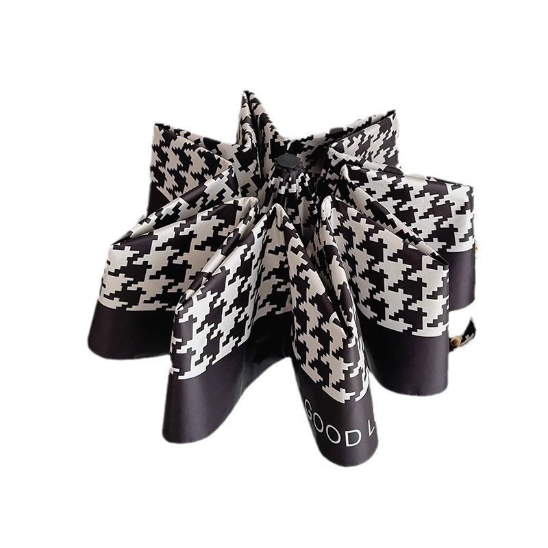 Houndstooth rašto skėtis, trijų dalių, UV apsauga UPF virš 50, automatinis atidarymas, 8 pluošto rėmas