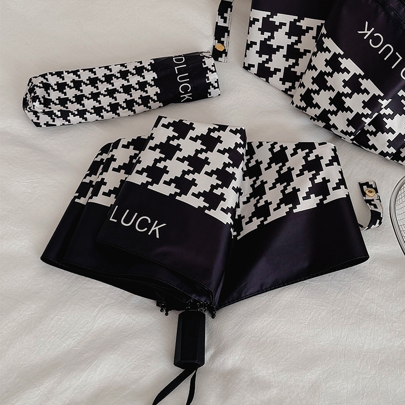 Houndstooth rašto skėtis, trijų dalių, UV apsauga UPF virš 50, automatinis atidarymas, 8 pluošto rėmas