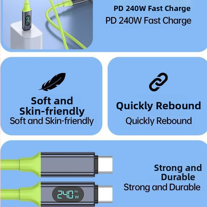 Type-C кабел за данни с дигитален дисплей, 240W бързо зареждане, единичен конектор, PVC