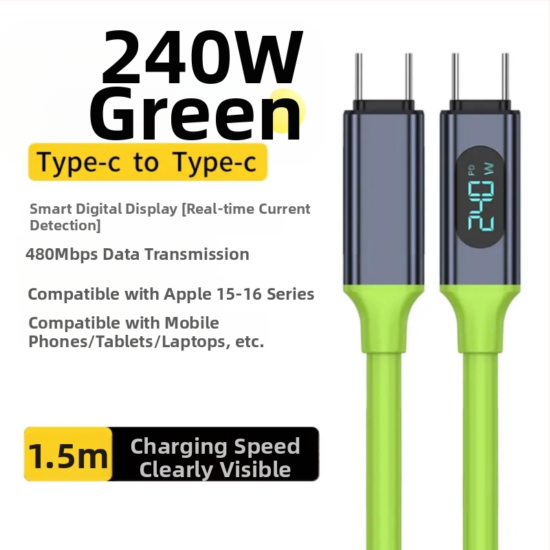 Type-C dátový kábel s digitálnym displejom, 240W rýchle nabíjanie, jednokanálový konektor, PVC