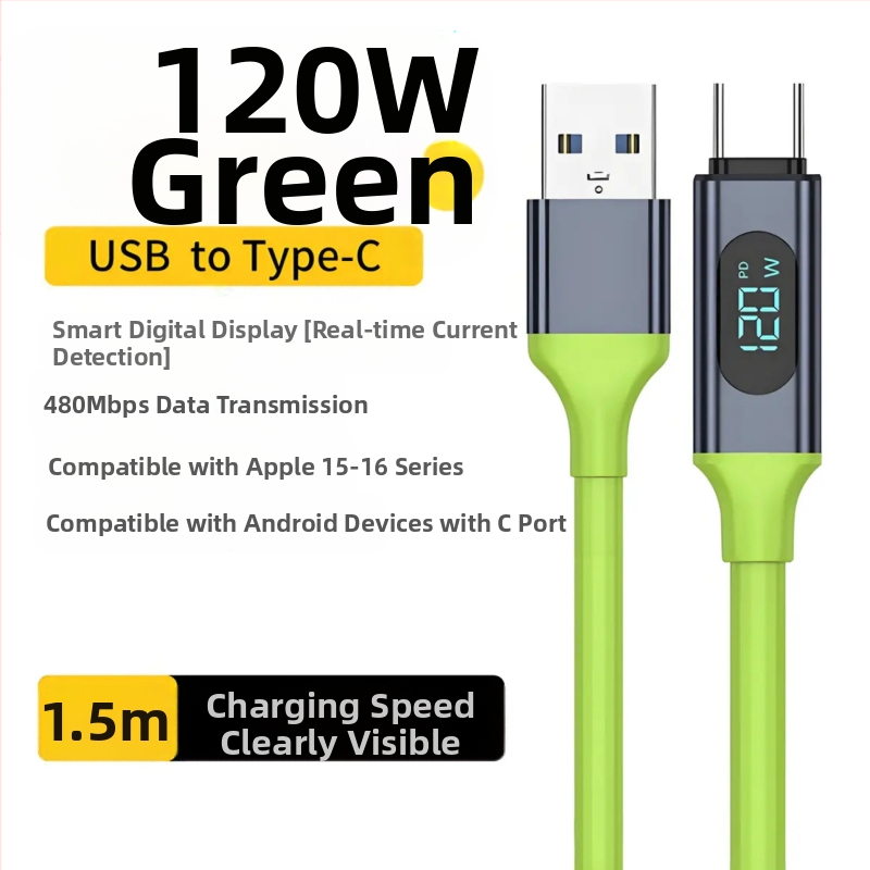 Type-C dátový kábel s digitálnym displejom, 240W rýchle nabíjanie, jednokanálový konektor, PVC