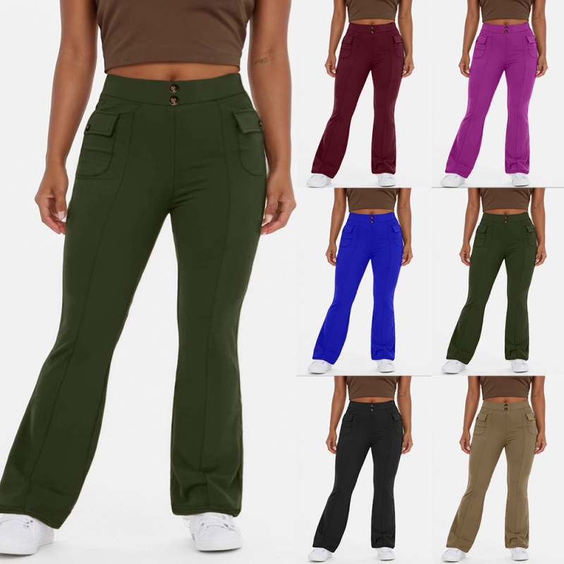 Панталони с клеш и висока талия, джобове със странични капаци и копчета, полиестер 95%+, средна плътност