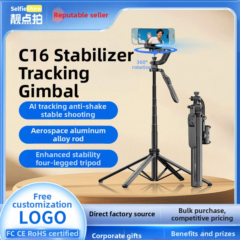 Rankinis stabilizatorius C16 — 360° panoraminis gimbal, veido sekimas, išmaniojo telefono laikiklis; ABS + aliuminio lydinys, Bluetooth, nuotolinis valdymas