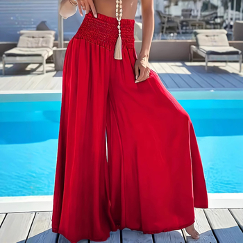 Дамски широки панталони с висока талия и еластична талия – ice silk, полиестер с еластан, летен стил 2025