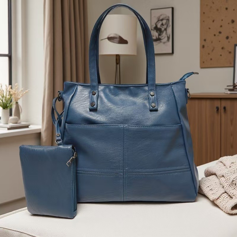 Ženski dvodijelni set torbi: mekana kožna ramena torba i tote torba s velikim kapacitetom, zatvarač, za svakodnevnu upotrebu