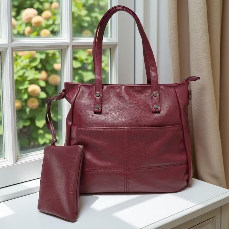 Ženski dvodijelni set torbi: mekana kožna ramena torba i tote torba s velikim kapacitetom, zatvarač, za svakodnevnu upotrebu