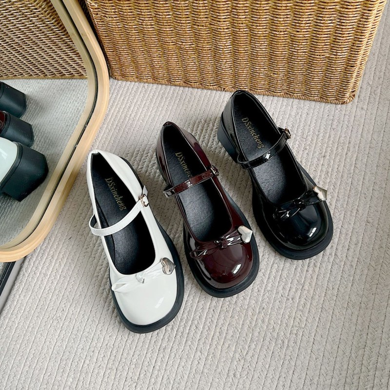 Παπούτσια Mary Jane – Γαλλικό Ρετρό Στυλ, Στρογγυλή Μύτη (PU επάνω μέρος; Μεσαίο ύψος τακουνιού 3–5 εκ; Καουτσούκ σόλα; Εσωτερικό τεχνητό δέρμα)