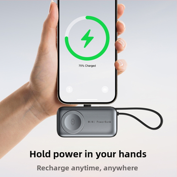 Mini magnetinė kapsulė powerbank 5000mAh, 22,5W dvipusė greito įkrovimo, 3-in-1 funkcija telefonui ir išmaniesiems laikrodžiams