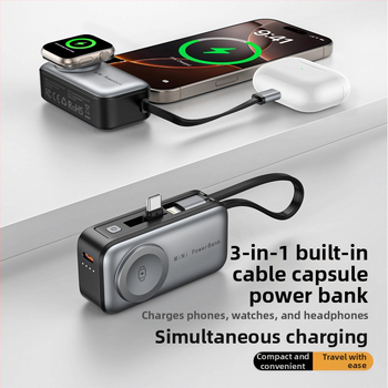 Mini magnetinė kapsulė powerbank 5000mAh, 22,5W dvipusė greito įkrovimo, 3-in-1 funkcija telefonui ir išmaniesiems laikrodžiams