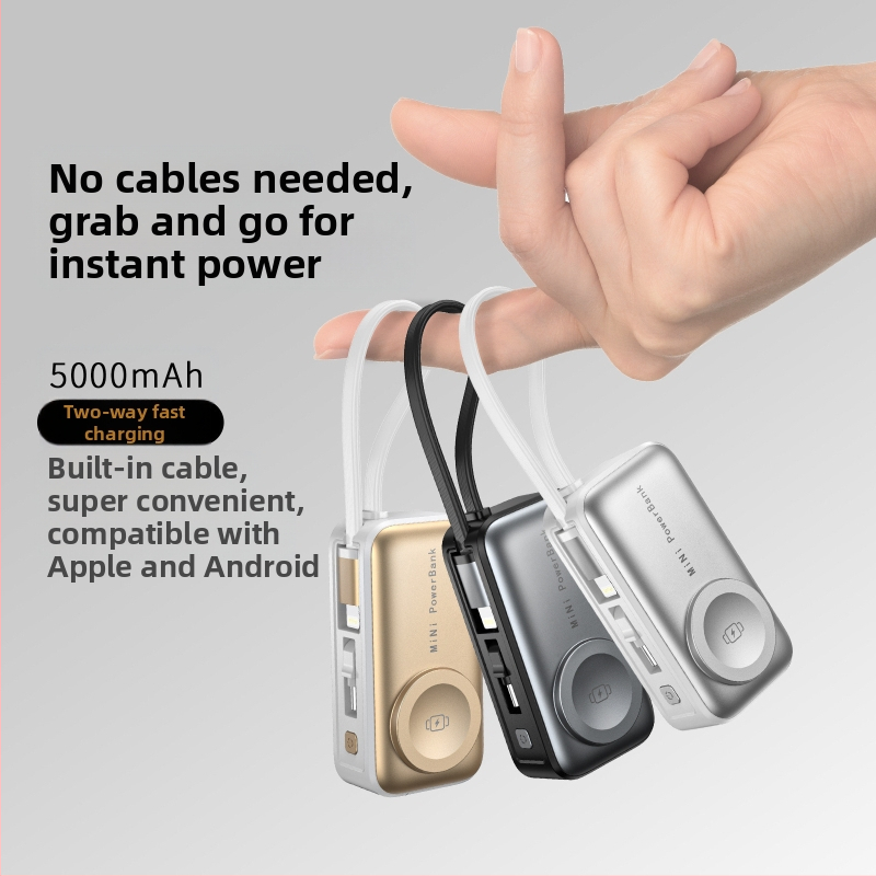 Mini magnetinė kapsulė powerbank 5000mAh, 22,5W dvipusė greito įkrovimo, 3-in-1 funkcija telefonui ir išmaniesiems laikrodžiams