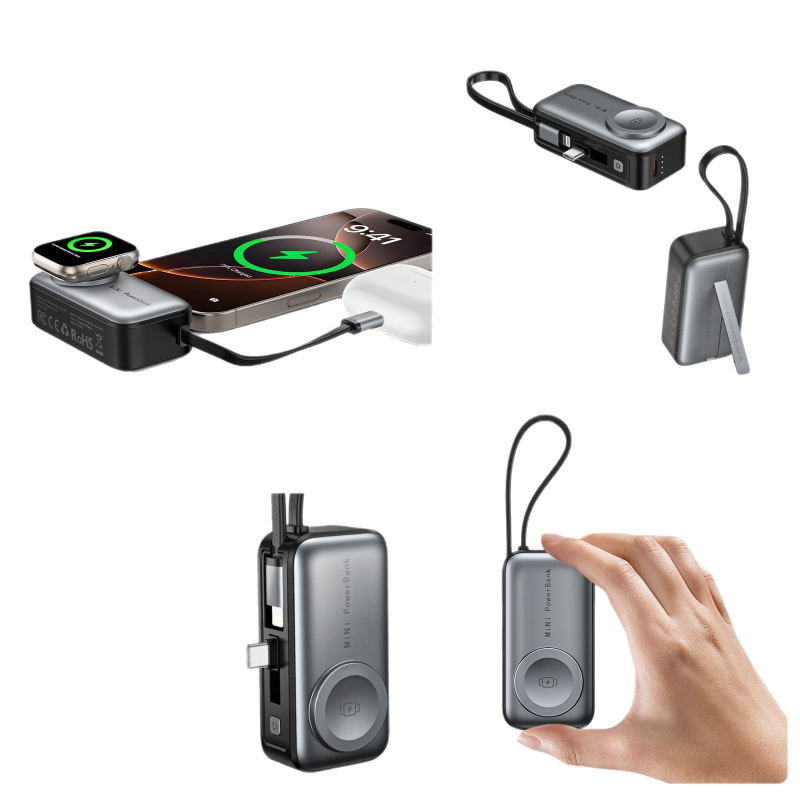 Mini magnetinė kapsulė powerbank 5000mAh, 22,5W dvipusė greito įkrovimo, 3-in-1 funkcija telefonui ir išmaniesiems laikrodžiams