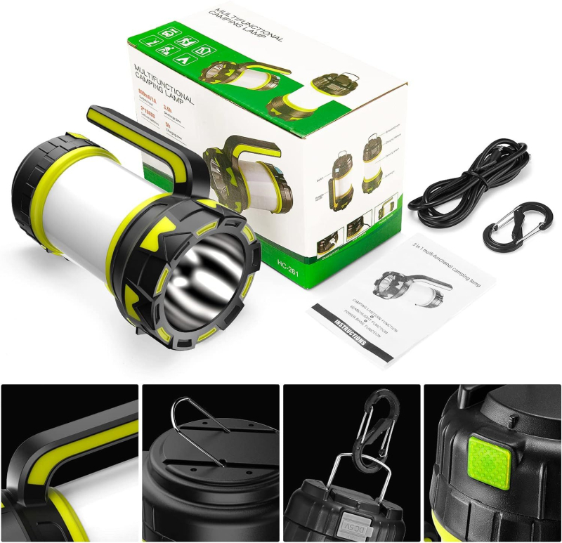 Kamperska LED svjetiljka s jakim LED-om, USB punjenjem i izlazom za nužno osvjetljenje, ručno pokretanje, baterija 6800 mAh, domet iznad 500 m