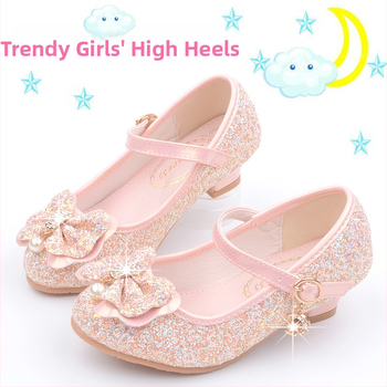 Detské topánky pre princezné v kórejskom štýle s flitrami, zapínanie na pracku; vršok z mikrovlákna, PU stielka, nízky podpätok, priedušné a protišmyková podrážka