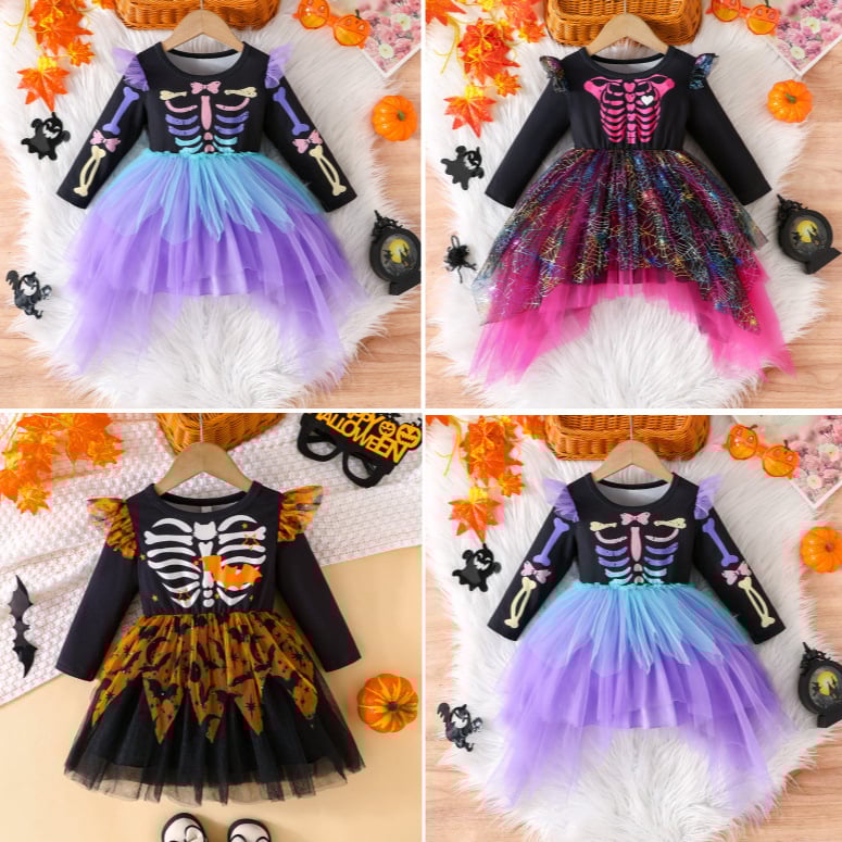 Dječja haljina s nepravilnom mrežastom suknjom, cartoon uzorak, Milk Silk materijal, 89% poliester